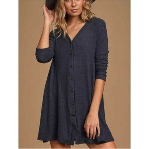 LULUS NEW Sweet Comfort Long Sleeve Swing Sweater Dress Heather Navy Med…
